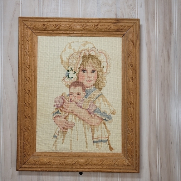 Vintage Cross Stitch Young Girl with Doll in Wooden Frame - Picture 1 of 3